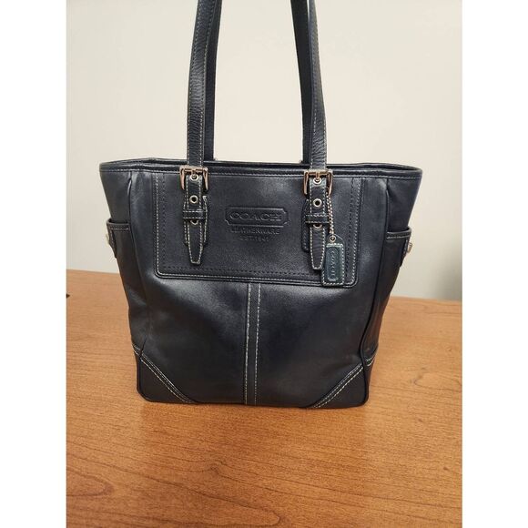 Coach Handbags - Coach Legacy Classic Tote Black Smooth Leather With White Stitching #F11396 . Bl